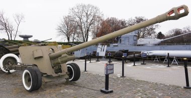 Kiev, Ukraine December 10, 2020: Field gun BS-3 caliber 100 mm in the Museum of military equipment for all to see
