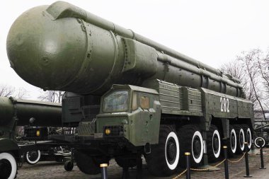 Kiev, Ukraine December 10, 2020: Transport launcher on the MAZ-547A chassis of the Pioneer medium-range missile system at the Museum of Military Equipment for public viewing
