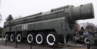 Kiev, Ukraine December 10, 2020: Transport launcher on the MAZ-547A chassis of the Pioneer medium-range missile system at the Museum of Military Equipment for public viewing