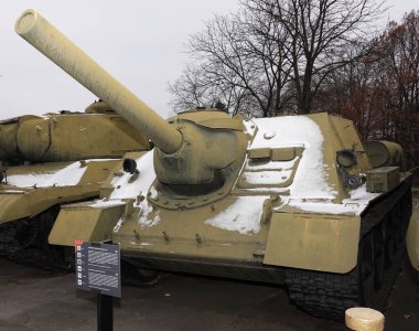 Kiev, Ukraine December 10, 2020: Self-propelled artillery mount SU-122, caliber 122 mm in the Museum of Military Equipment for public viewing