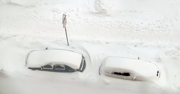 Cars City Roadside Covered Snow — Stock Photo, Image