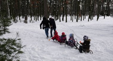 Kiev, Ukrayna 31 Ocak 2021: Ebeveynleri olan çocuklar kışın parkta kayağa biniyorlar