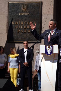 Kiev, Ukraine August 23, 2020: speech to the people in honor of the national flag of Ukraine by the mayor of Kiev Vitali Klitschko and his brother Wladimir Klitschko world boxing champions