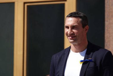 Kiev, Ukraine August 23, 2020: speech to the people in honor of the national flag of Ukraine by the mayor of Kiev Vitali Klitschko and his brother Wladimir Klitschko world boxing champions