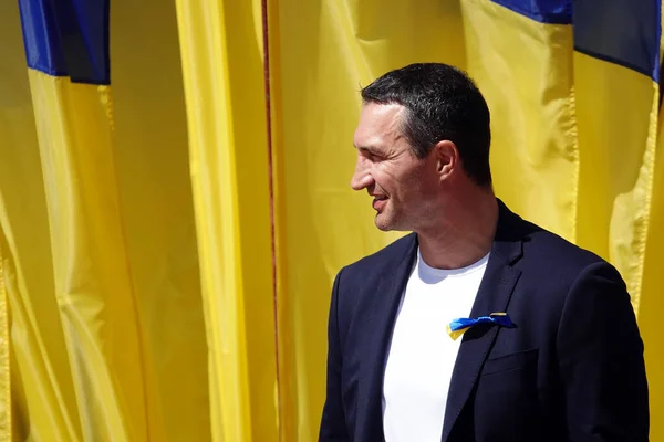 Kiev, Ukraine August 23, 2020: speech to the people in honor of the national flag of Ukraine by the mayor of Kiev Vitali Klitschko and his brother Wladimir Klitschko world boxing champions
