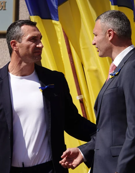 Kiev, Ukraine August 23, 2020: speech to the people in honor of the national flag of Ukraine by the mayor of Kiev Vitali Klitschko and his brother Wladimir Klitschko world boxing champions