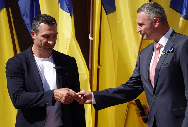 Kiev, Ukraine August 23, 2020: speech to the people in honor of the national flag of Ukraine by the mayor of Kiev Vitali Klitschko and his brother Wladimir Klitschko world boxing champions