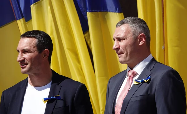 Kiev, Ukraine August 23, 2020: speech to the people in honor of the national flag of Ukraine by the mayor of Kiev Vitali Klitschko and his brother Wladimir Klitschko world boxing champions