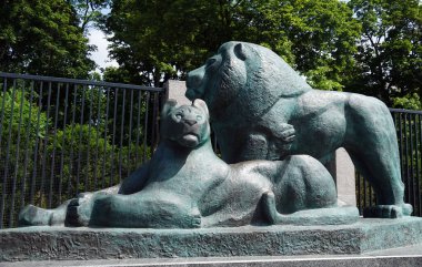 Kiev, Ukrayna 6 Temmuz 2021: Kiev şehir merkezindeki hayvanat bahçesinin girişine yakın bir aslan ve dişi aslan heykeli