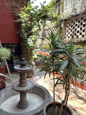 Merkezi element olarak küçük, katmanlı bir taş çeşmenin yer aldığı geleneksel bir koloni tarzı iç avlu ya da verandanın parlak, güneşli manzarası