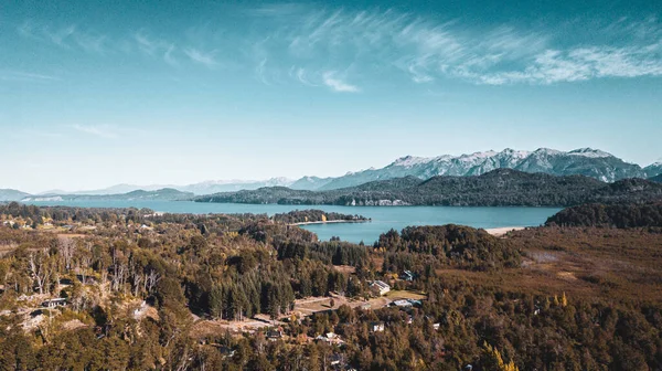 Panoramic view of the town of Villa la Angostura and Lake Nahuel Huapi in Patagonia Argentina