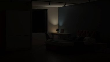 Modern yatak odasının içi. Mavi duvarlı yatak odası. İyi geceler. Akşam aydınlatması. 3B görüntüleme.