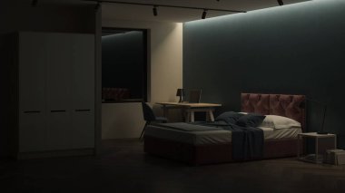 Modern yatak odasının içi. Mavi duvarlı yatak odası. İyi geceler. Akşam aydınlatması. 3B görüntüleme.