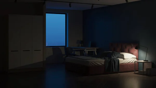 近代的な寝室のインテリア 青い壁のベッドルーム 夜の照明 3Dレンダリング — ストック写真