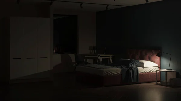 Interior Moderno Quarto Quarto Com Paredes Azuis Boa Noite Iluminação — Fotografia de Stock
