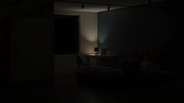 Μοντέρνο Εσωτερικό Υπνοδωμάτιο Υπνοδωμάτιο Μπλε Τοίχους Νύχτα Βραδινός Φωτισμός Απόδοση — Φωτογραφία Αρχείου