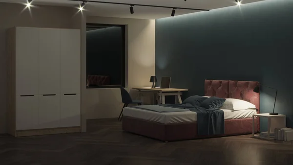 Modern bedroom interior. Bedroom with blue walls. Night. Evening lighting. 3D rendering.