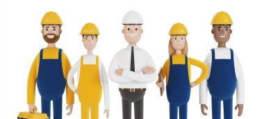 Endüstriyel işçiler İnşaat ekibi. Çeşitli mesleklerden mühendis, teknisyen ve işçiler. Çizgi film tarzında 3B illüstrasyon.