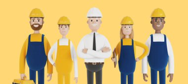 Endüstriyel işçiler İnşaat ekibi. Çeşitli mesleklerden mühendis, teknisyen ve işçiler. Çizgi film tarzında 3B illüstrasyon.