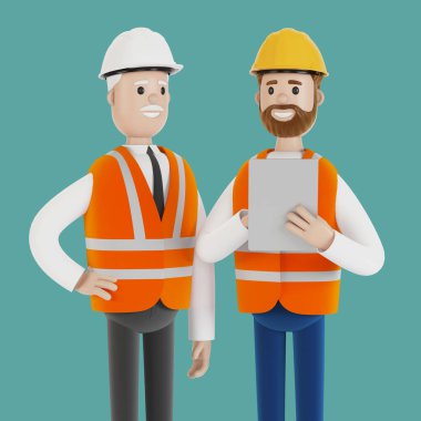 Sert şapkalı iki mühendis bir tablet kullanarak bir projeyi tartışıyor. Çizgi film tarzında 3B illüstrasyon.