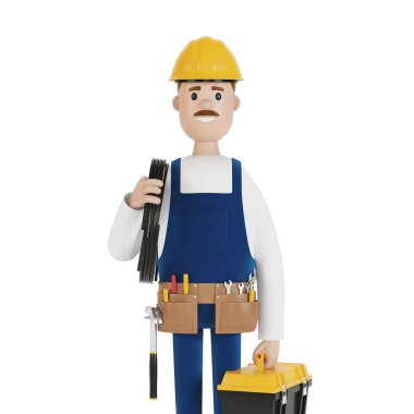 Elektrikçi inşaat işçisi ve karikatür tarzında 3 boyutlu kablo çizimi.