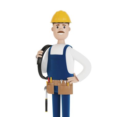 Elektrikçi inşaat işçisi ve karikatür tarzında 3 boyutlu kablo çizimi.