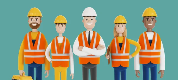 Industrial workers. A team of builders wearing safety vests and hard hats. 3D illustration in cartoon style.