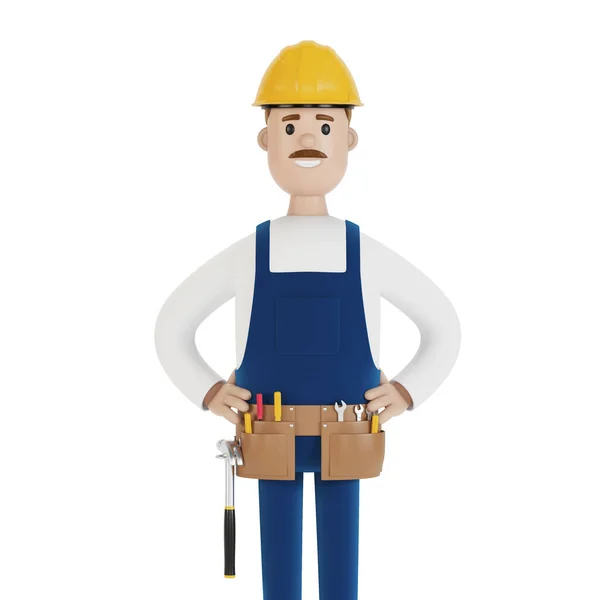 戴头盔和工具的建筑工人 建筑工人 卡通风格的3D插图 — 图库照片
