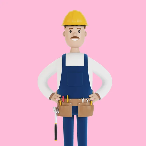 戴头盔和工具的建筑工人 建筑工人 卡通风格的3D插图 — 图库照片