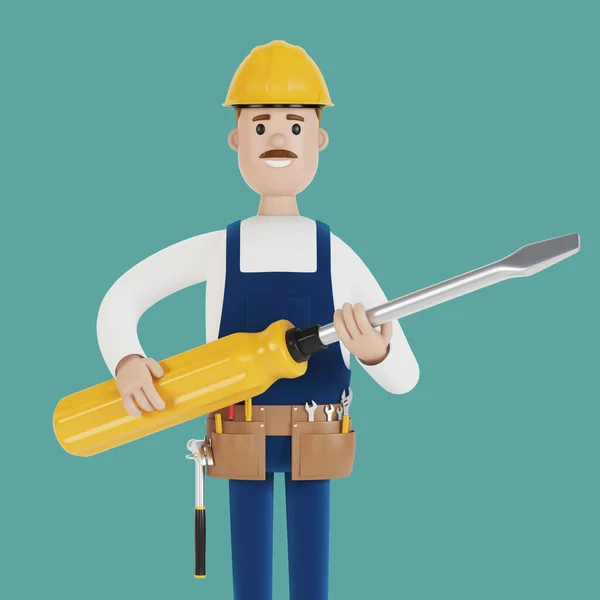 Elektricien Bouwer Met Een Grote Schroevendraaier Zijn Handen Illustratie Cartoon — Stockfoto