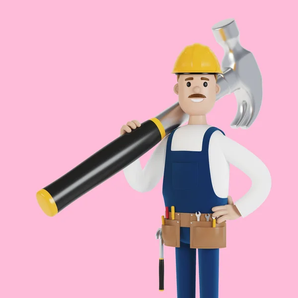 Constructeur Avec Casque Gros Marteau Travailleur Construction Illustration Dans Style — Photo