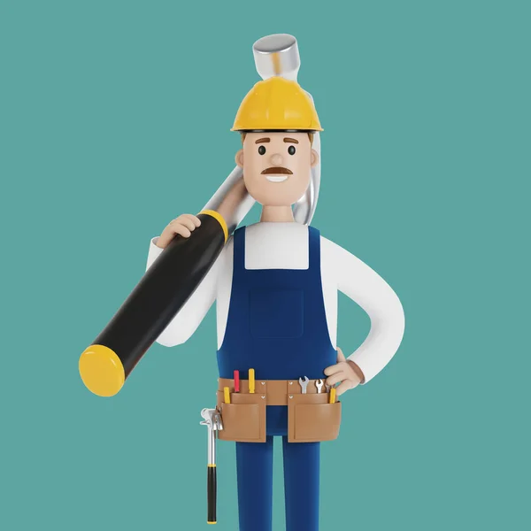 Constructeur Avec Casque Gros Marteau Travailleur Construction Illustration Dans Style — Photo