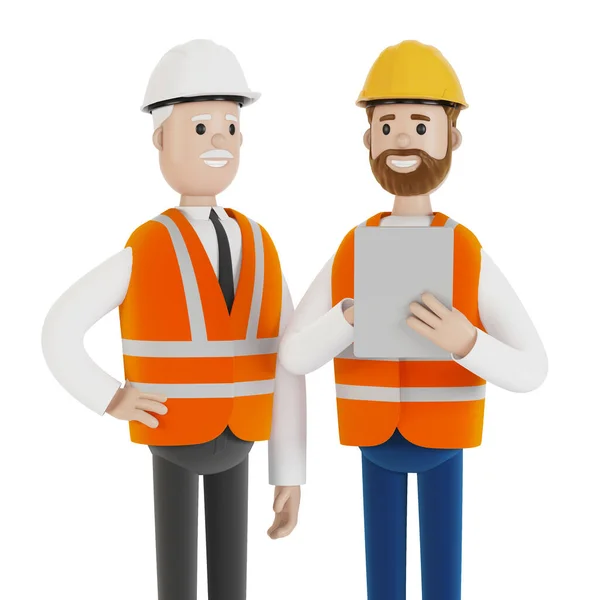 Dois Engenheiros Chapéus Duros Discutem Projeto Usando Tablet Ilustração Estilo — Fotografia de Stock