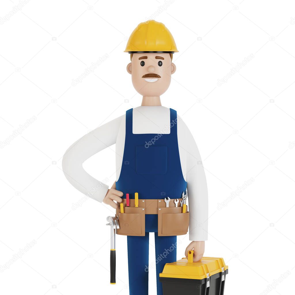 A builder with a hard hat and a toolbox. Construction worker. 3D illustration in cartoon style.