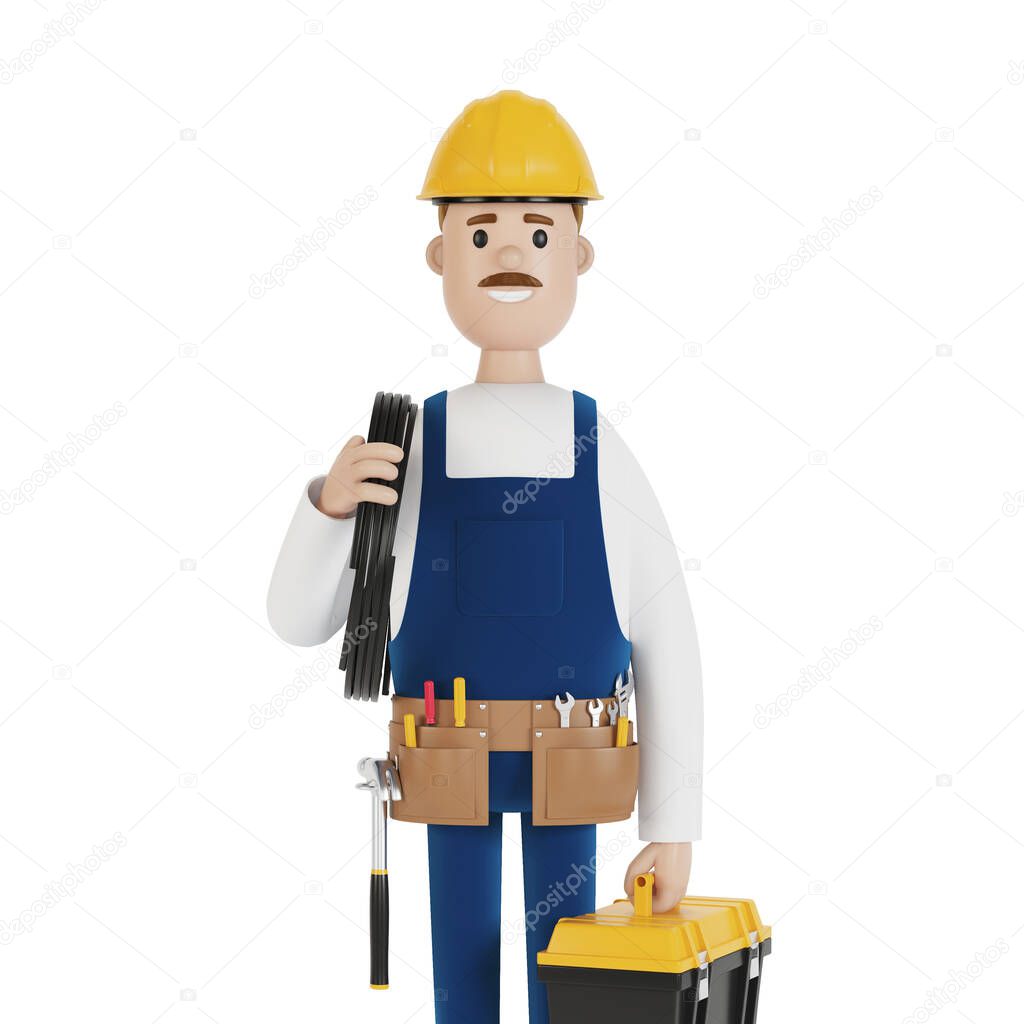 Electrician construction worker with tools and with a wire 3D illustration in cartoon style.