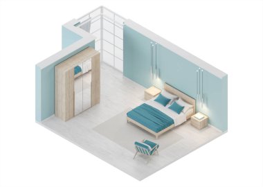 Mavi duvarlı modern yatak odası. Ortogonal projeksiyonda iç kısım. Yukarıdan bak. 3B görüntüleme.