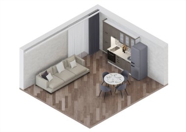 Modern mutfak iç mimarisi. Ortogonal projeksiyonda iç kısım. Yukarıdan bak. 3B görüntüleme.