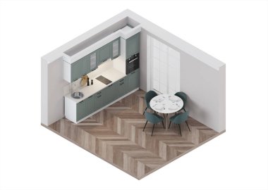 Modern mutfak iç mimarisi. Ortogonal projeksiyonda iç kısım. Yukarıdan bak. 3B görüntüleme.