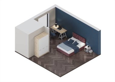 Modern yatak odasının içi. Mavi duvarlı yatak odası. Ortogonal projeksiyonda iç kısım. Yukarıdan bak. 3B görüntüleme.