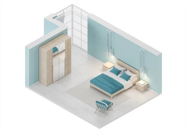 Modern bedroom interior with blue walls. Interior in orthogonal projection. View from above. 3D rendering.