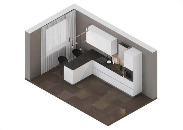 Interieur Mit Weißer Moderner Küche Und Frühstücksbar Innenraum Orthogonaler Projektion — Stockfoto