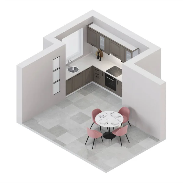 Interior Cozinha Moderna Interior Projeção Ortogonal Vista Cima Renderização — Fotografia de Stock