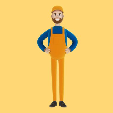 Bir saatliğine efendim. İnşaatçı. Çizgi film tarzında 3B illüstrasyon.