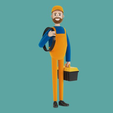 Bir saat boyunca alet çantasıyla hoca. İnşaatçı. Çizgi film tarzında 3B illüstrasyon.