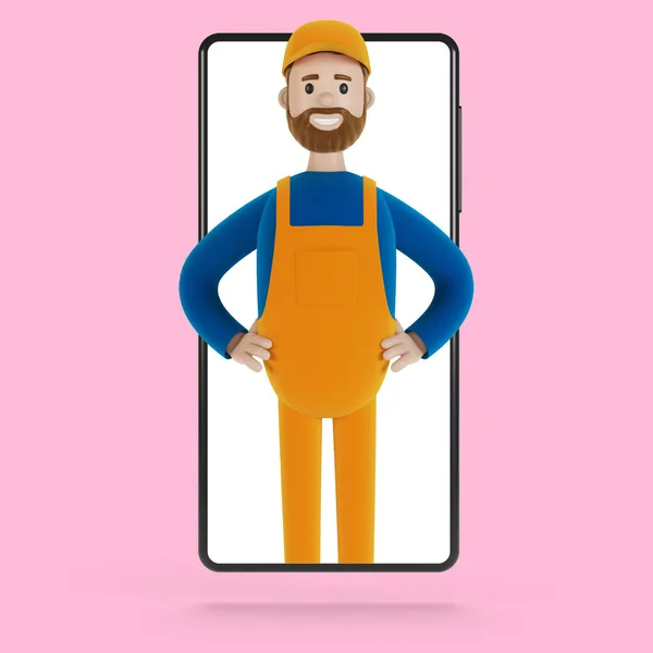 Smartphone screen with wizard. Husband for an hour. Electrician, plumber, carpenter, calling the foreman to work. 3D illustration in cartoon style.