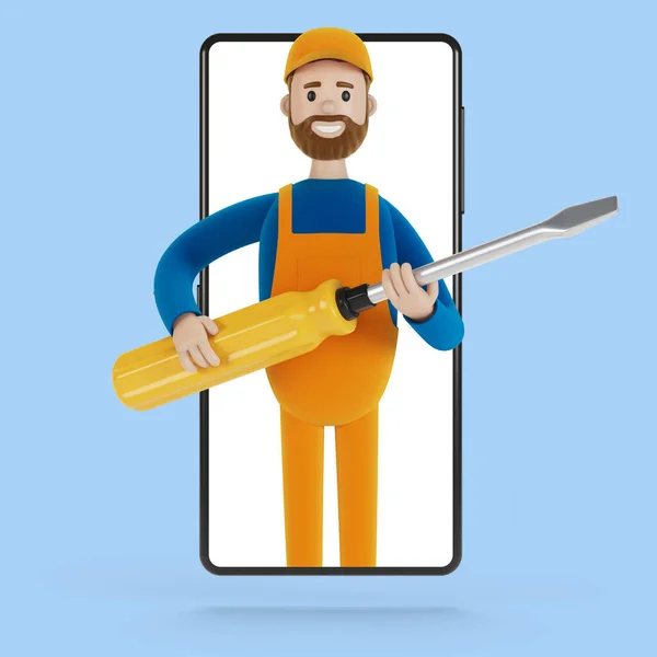 Construtor Eletricista Com Uma Grande Chave Fenda Tela Smartphone Marido — Fotografia de Stock