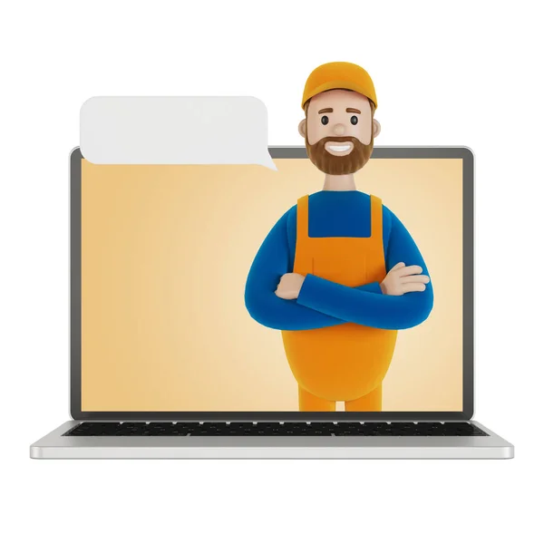 Laptop screen with wizard. Husband for an hour. An electrician, plumber, carpenter calls the foreman to work. 3D illustration in cartoon style.