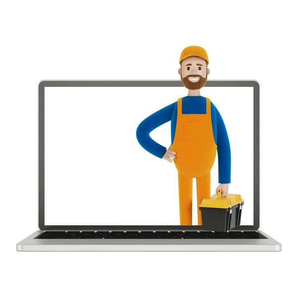 Laptopscherm Met Tovenaar Echtgenoot Voor Een Uur Een Elektricien Loodgieter — Stockfoto