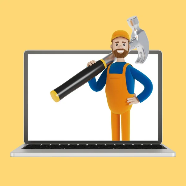 Handyman with a big hammer in the laptop screen. Husband for an hour. An electrician, plumber, carpenter calls the foreman to work. 3D illustration in cartoon style.