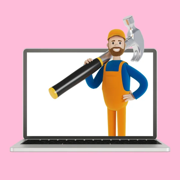 Handyman Big Hammer Laptop Screen Husband Hour Electrician Plumber Carpenter — Stock Photo, Image